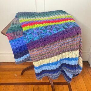 Rainbow Striped Hand Knit Throw Blanket